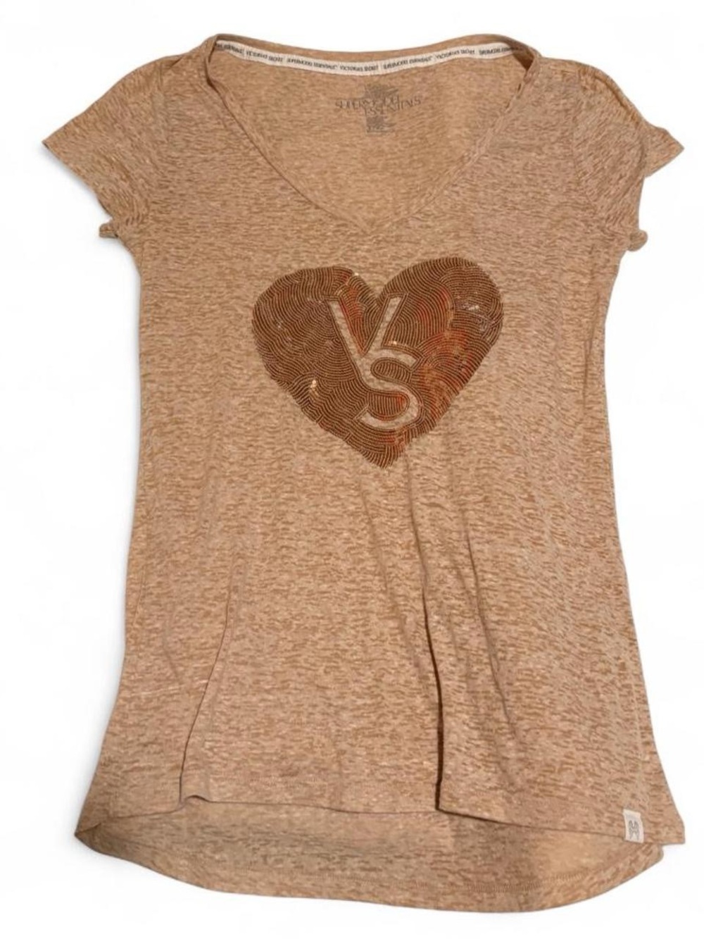 Y2K Victoria's Secret Women's Tan V-Neck Tee with Heart Logo